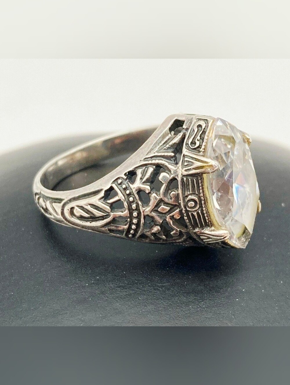 Vtg Art Deco Style Sterling Silver Cocktail Filigree Statement Ring Size 7